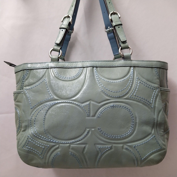 Coach Blue Patent Leather Signature C Embossed Double Handles Pockets Tote Bag - Picture 5 of 16